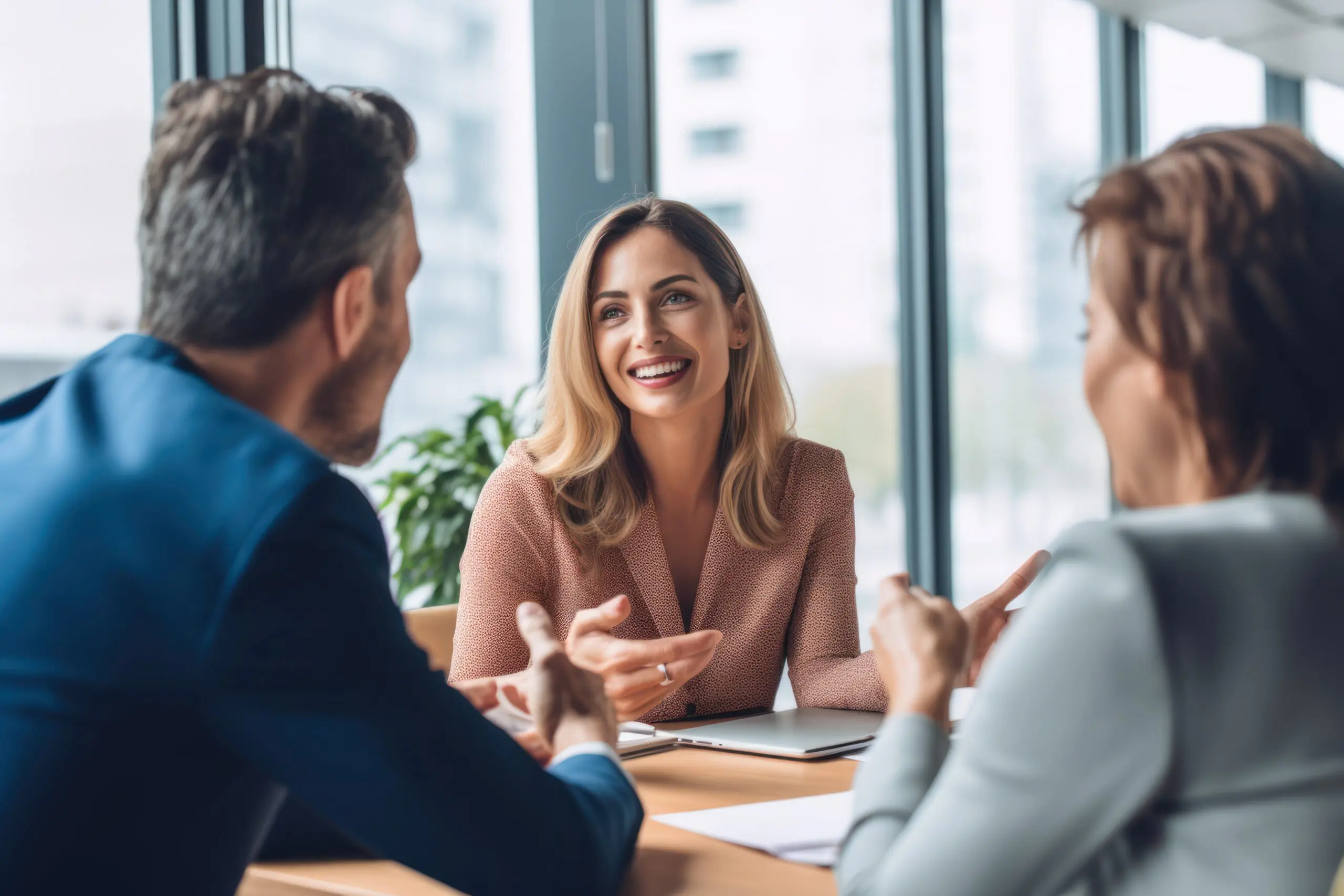 A financial advisor meeting with clients in an office, discussing finances, mortgages, and investing strategies. Reflects personal financial management and advisory services, generative ai