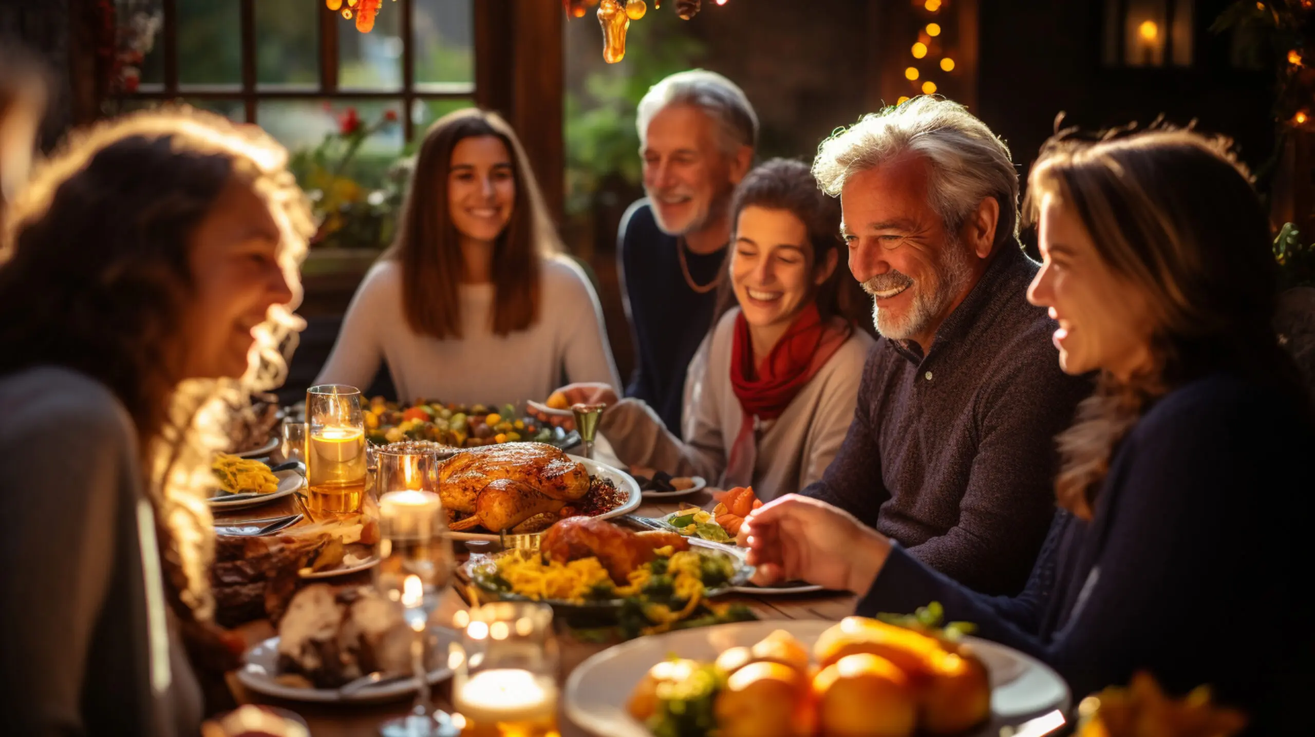 A heartwarming image of a diverse group of family and friends gathered around a large, inviting Thanksgiving feast, ready to give thanks