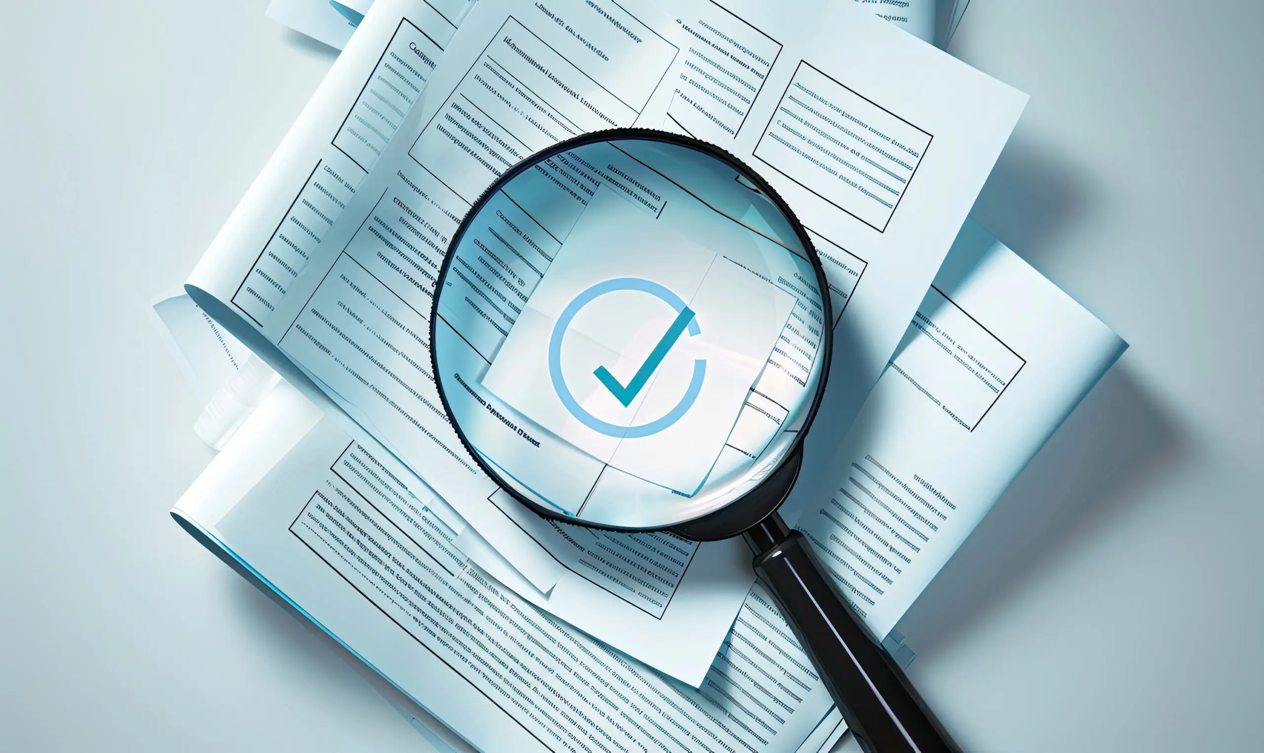 Magnifying glass examining documents with check mark emphasizing verification and approval