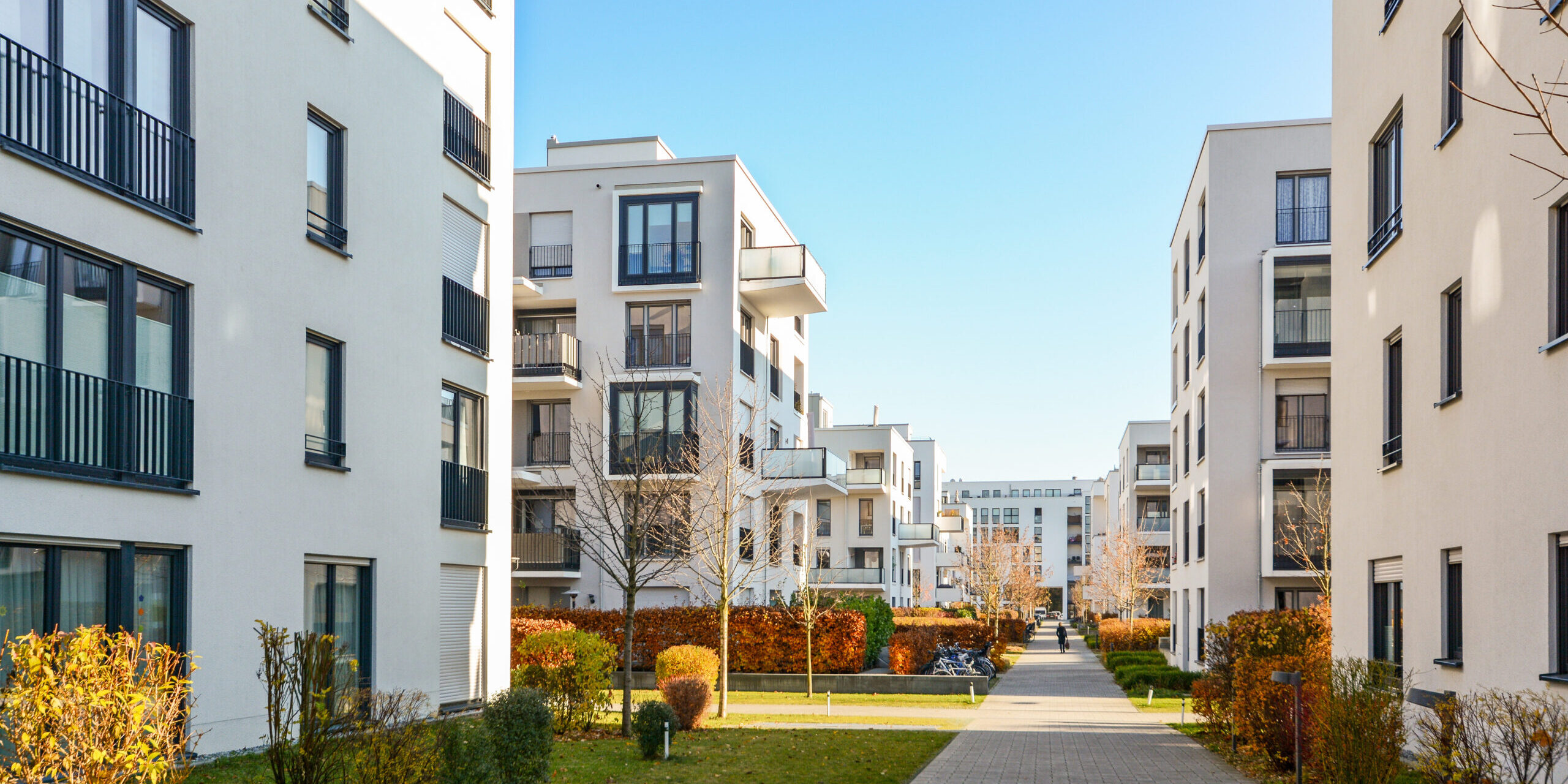 Modern apartment buildings in a green residential area in the ci