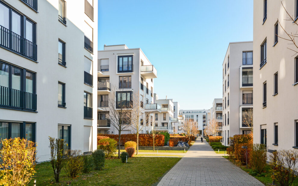 Modern apartment buildings in a green residential area in the ci
