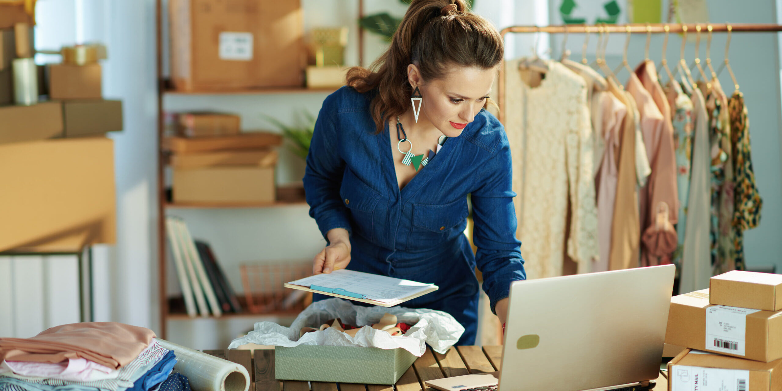 40 years old business owner woman using laptop in office