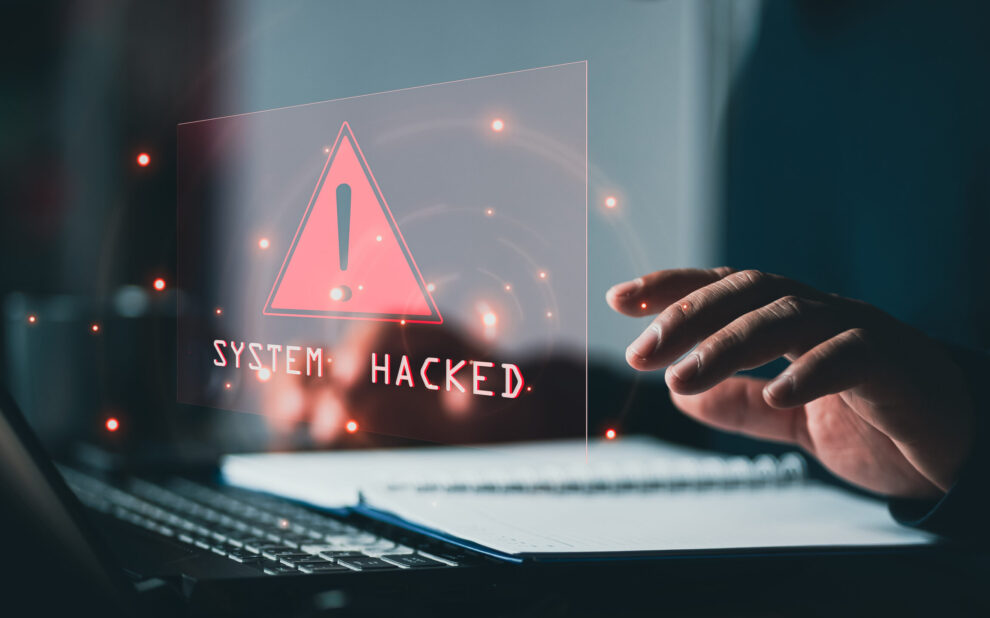 System hacked alert after cyber attack on computer network. comp