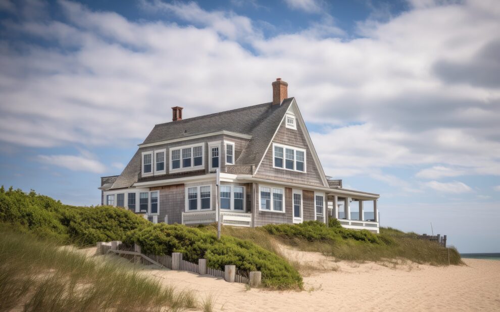 cape cod house exterior, with scenic view of the beach and ocean, created with generative ai