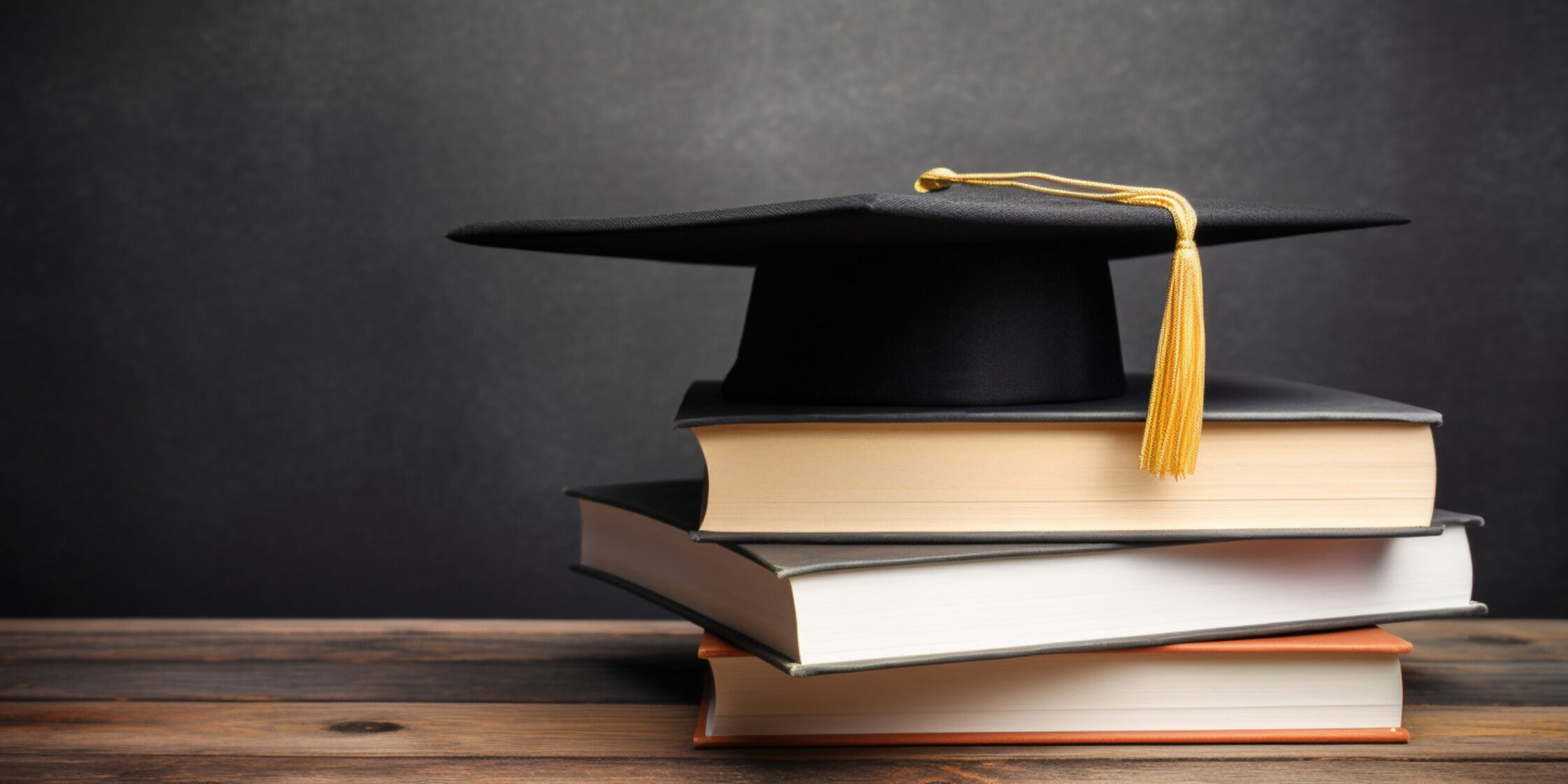Graduation hat and stack of study books. Concept of learning, education and graduation Generative AI cost of college