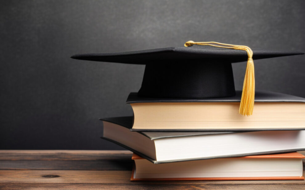 Graduation hat and stack of study books. Concept of learning, education and graduation Generative AI cost of college