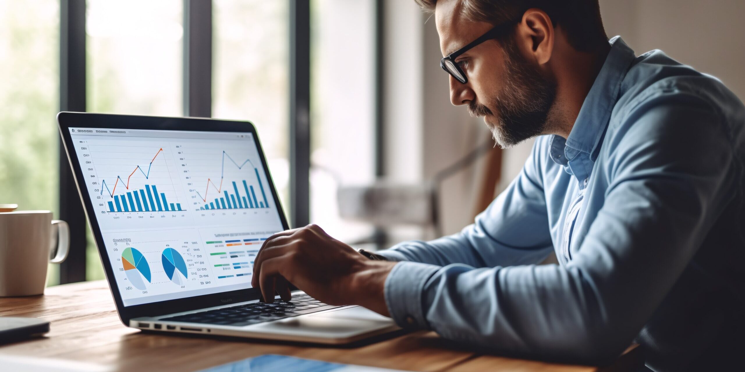 Data analysis to increase sales and revenue. Man sitting with laptop and working with growing graph. Business data analytics concept. Generative ai.