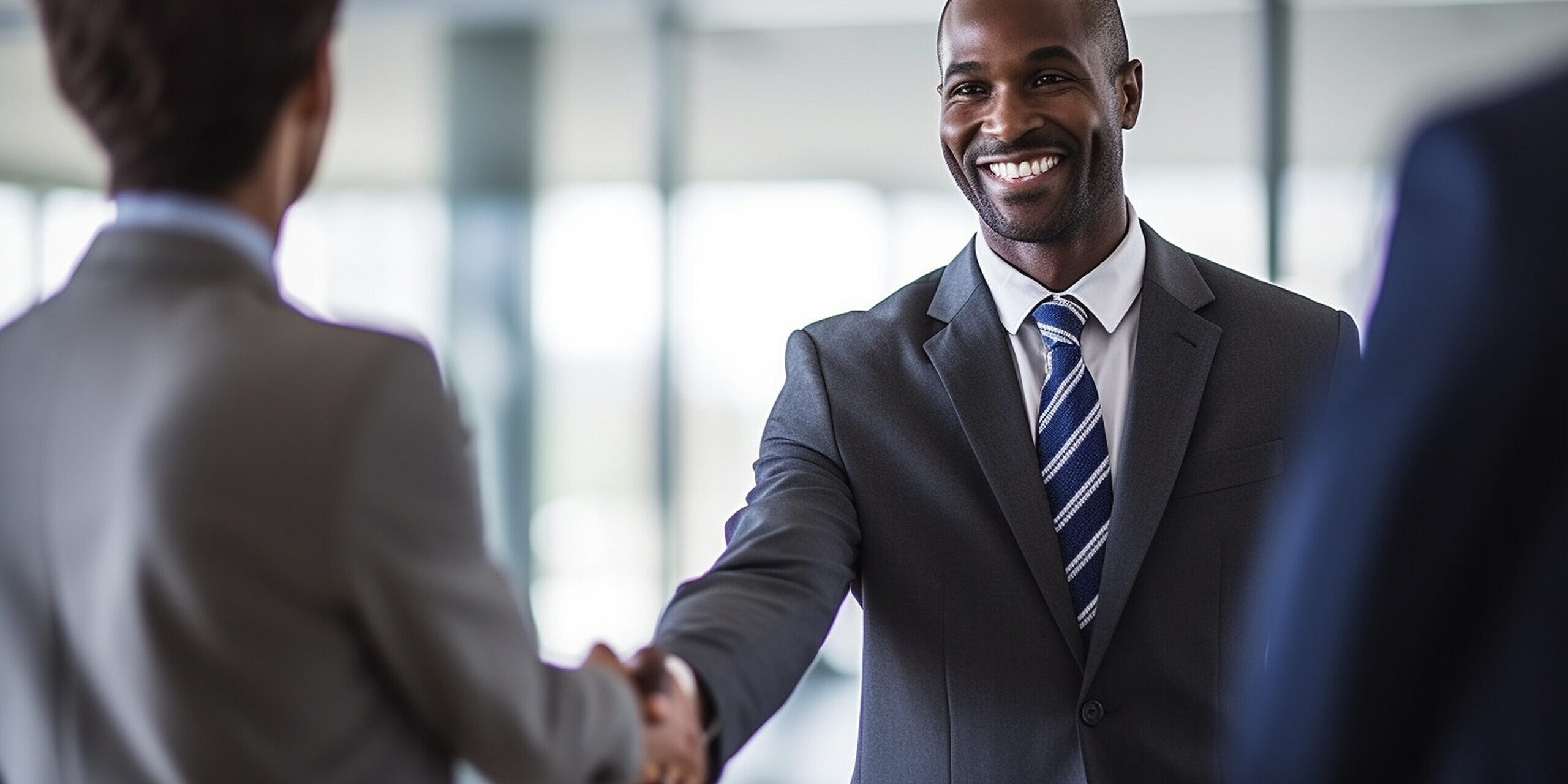 Two happy mature business men shaking hands in office. Successful african american businessman in formal clothing closing deal with handshake. Multiethnic businessmen shaking hands during a meeting. IRA rollover