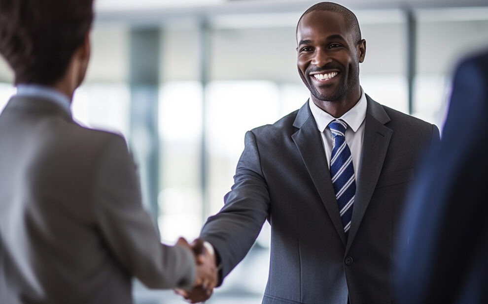Two happy mature business men shaking hands in office. Successful african american businessman in formal clothing closing deal with handshake. Multiethnic businessmen shaking hands during a meeting. IRA rollover