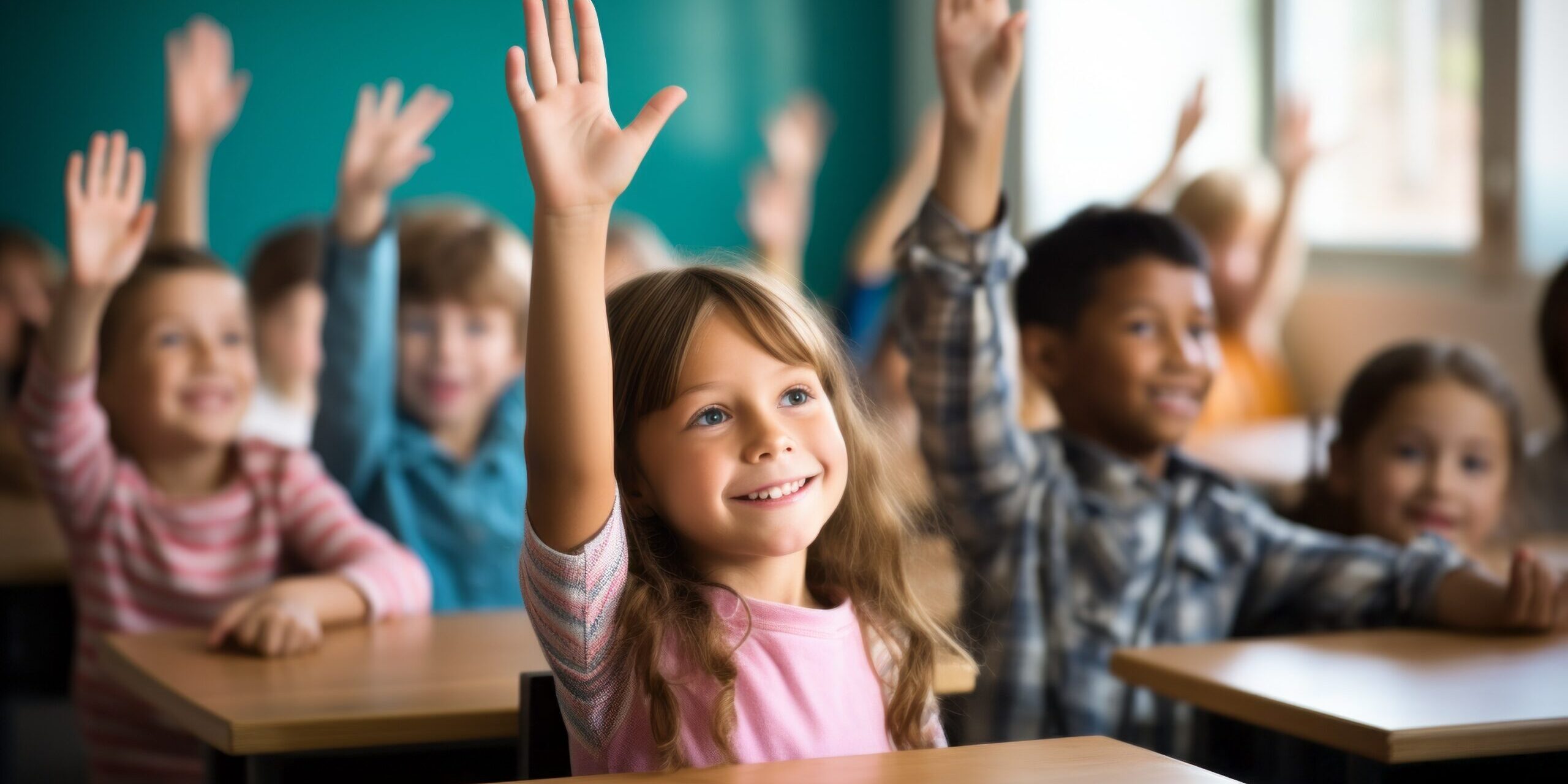 Children raise their hands to answer in the classroom. Back To School concept. Backdrop with selective focus