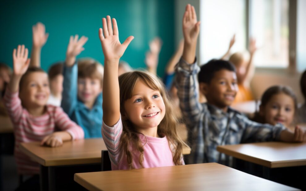 Children raise their hands to answer in the classroom. Back To School concept. Backdrop with selective focus