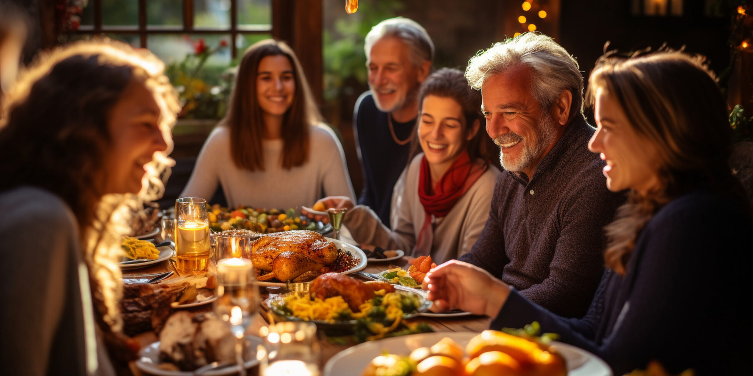 A heartwarming image of a diverse group of family and friends gathered around a large, inviting Thanksgiving feast, ready to give thanks
