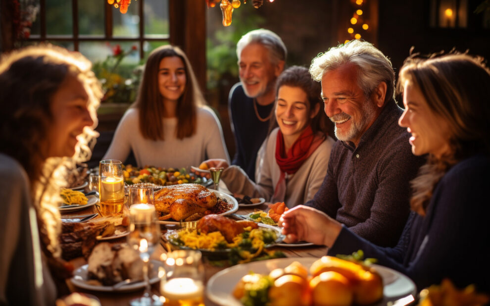 A heartwarming image of a diverse group of family and friends gathered around a large, inviting Thanksgiving feast, ready to give thanks