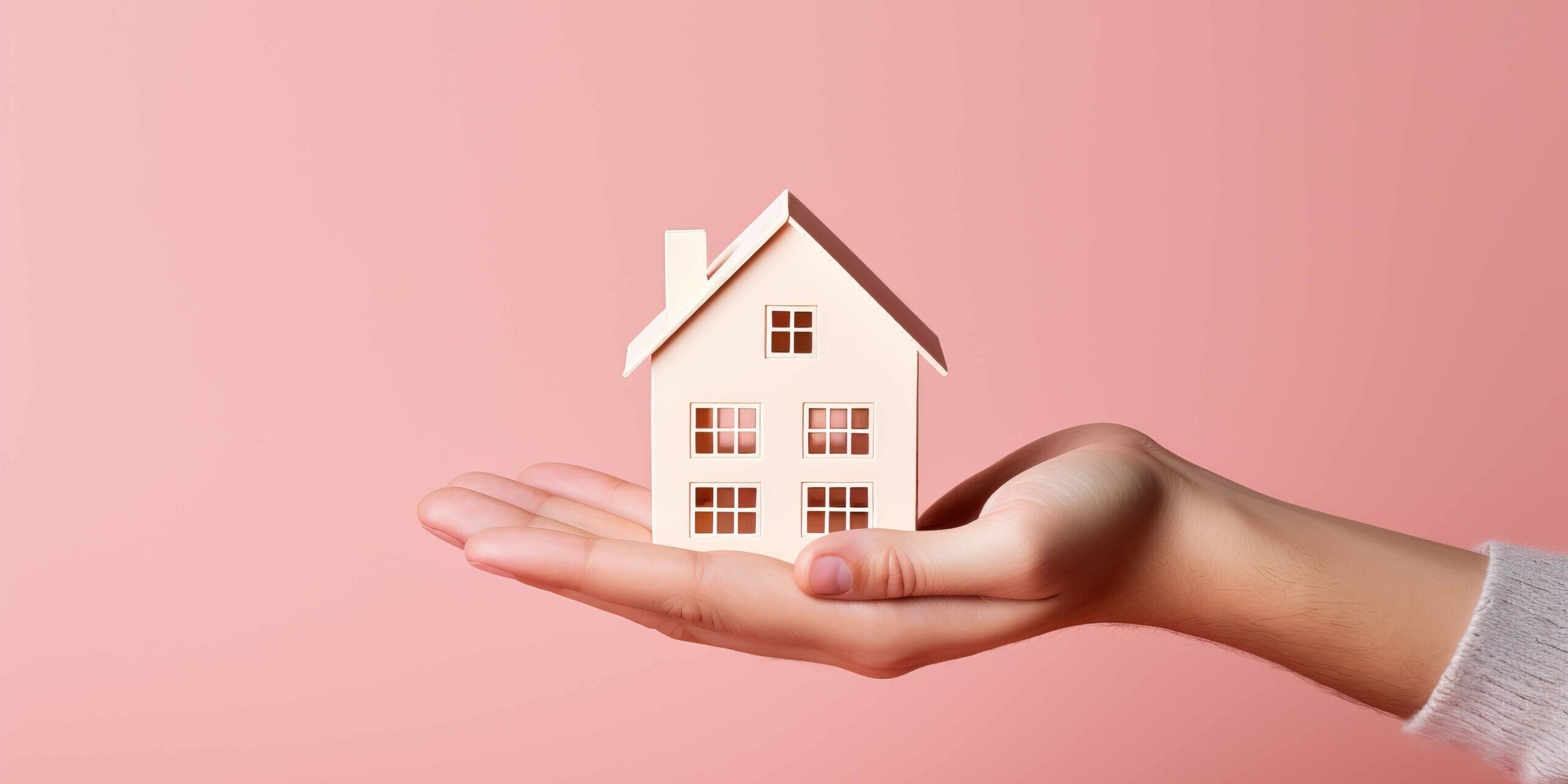 House insurance, hand holding a house over pastel pink background.
