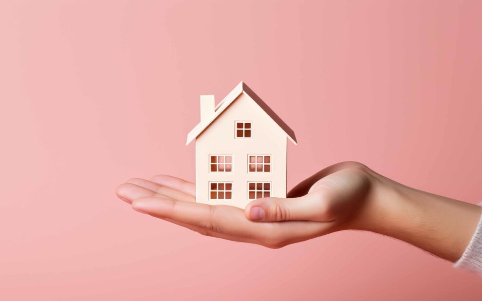 House insurance, hand holding a house over pastel pink background.