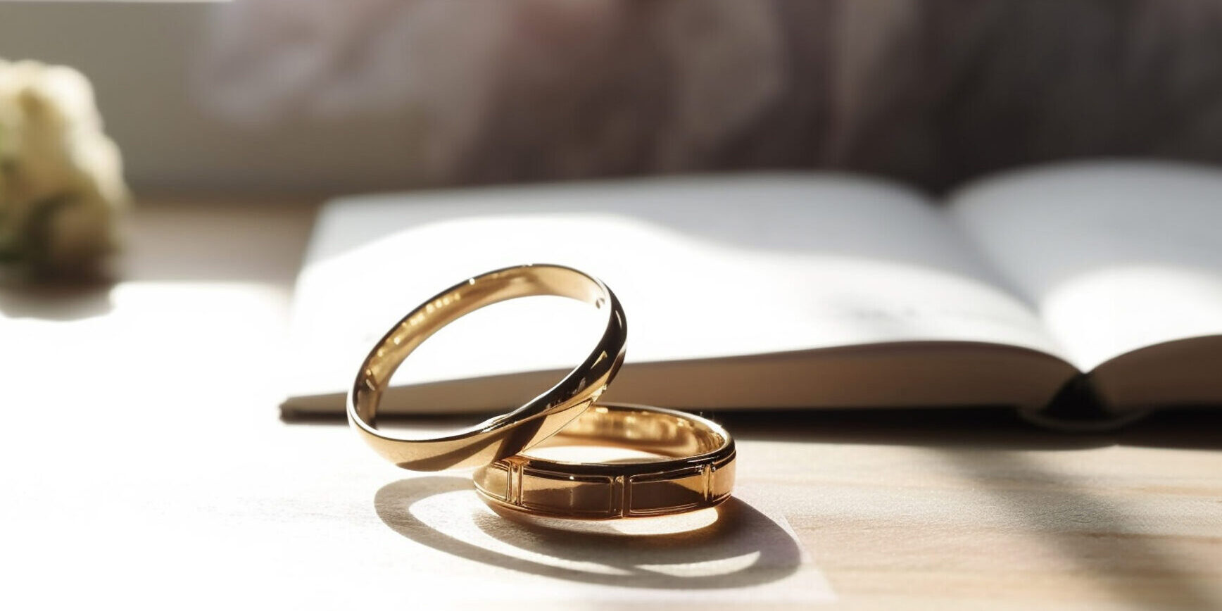 Two golden rings with contract for married concept. Happy long lasting marriage concept. bond with a contract Copy space estate strategies for second marriages