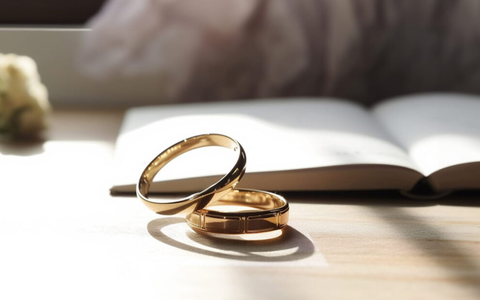 Two golden rings with contract for married concept. Happy long lasting marriage concept. bond with a contract Copy space estate strategies for second marriages