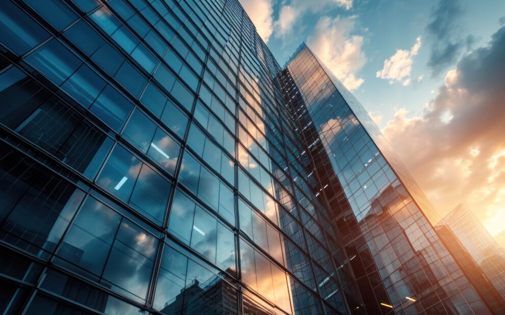 Modern office building or business center. High-rise window buildings made of glass reflect the clouds and the sunset. empty street outside  wall modernity civilization. growing up business Business Structures