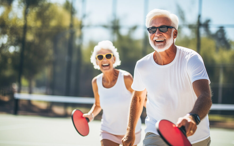 Couple of smiling seniors playing pickleball on a sunny day