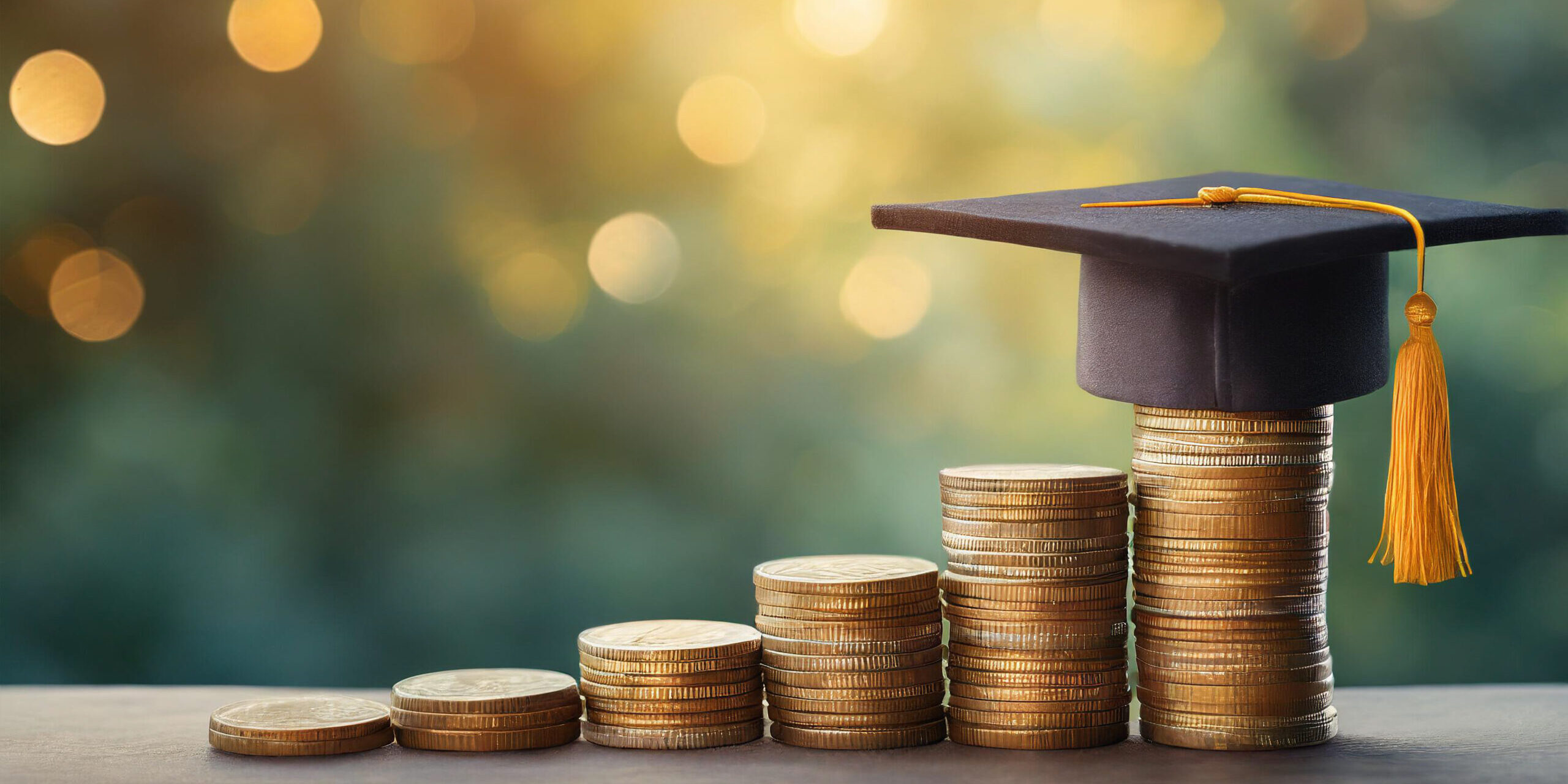 Graduation cap atop growing coins symbolizes student debt payment and financial planning 529 distributions