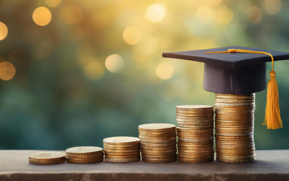 Graduation cap atop growing coins symbolizes student debt payment and financial planning 529 distributions
