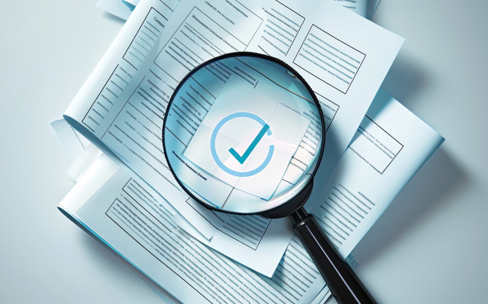 Magnifying glass examining documents with check mark emphasizing verification and approval